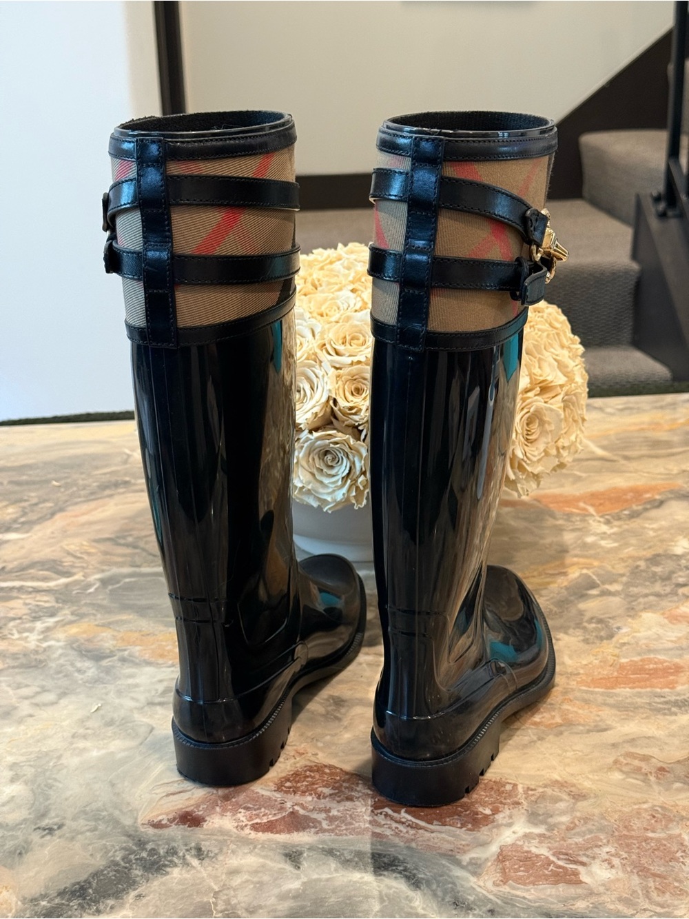 Burberry Nova Check Rubber Rain Boots Black Riding Boots Gold Hardware EU 38 - Picture 5 of 10